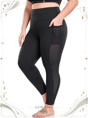 Plus Size Mesh Yoga Pants High Waist Tummy Control Leggings with Pockets